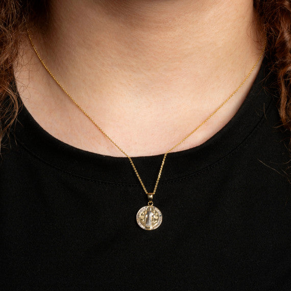 Two-Tone Gold Saint Benedict Cross Medallion Reversible Pendant Necklace