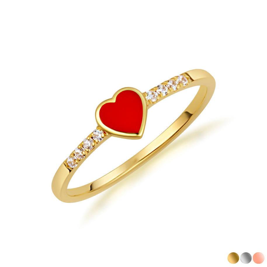 Gold Red Enamel Heart Lab Grown Diamond Ring (Available in Yellow/Rose/White Gold)
