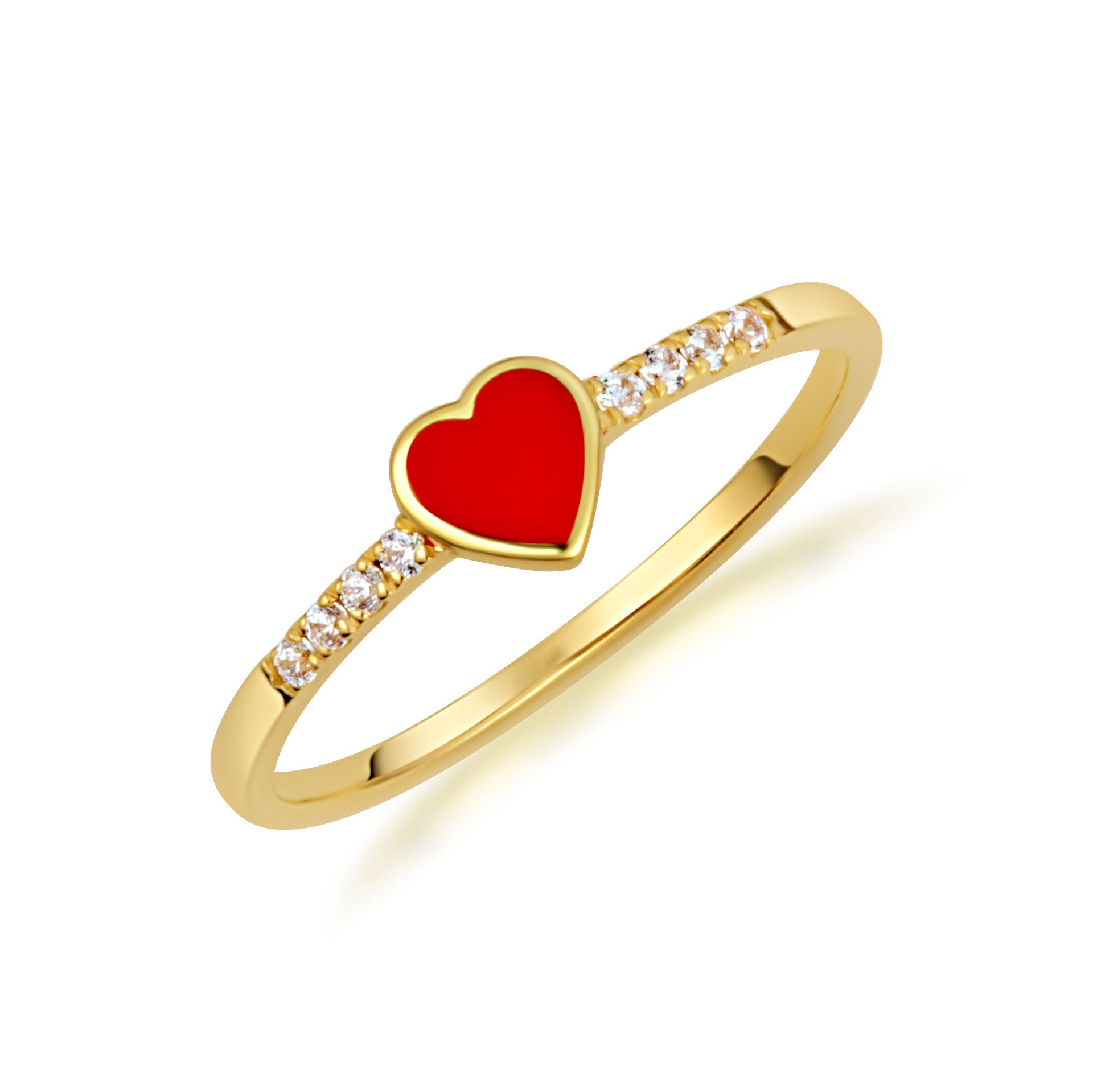 Gold Red Enamel Heart Lab Grown Diamond Ring (Available in Yellow/Rose/White Gold)
