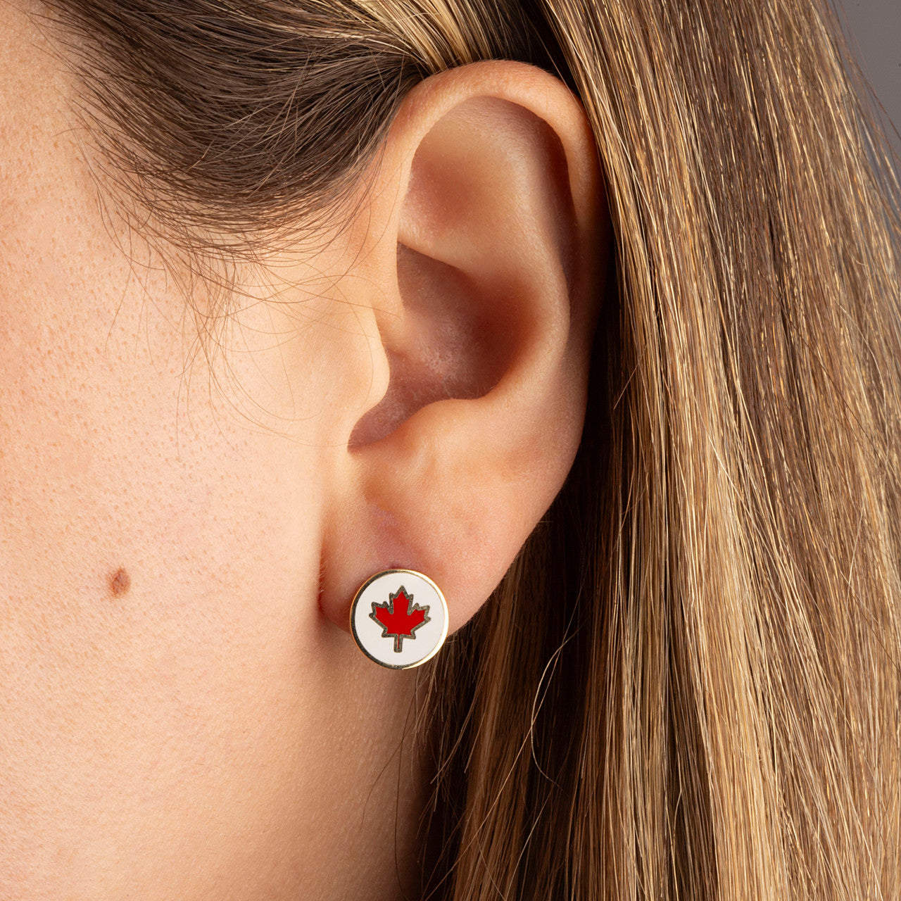 Yellow Gold Enamel Canadian Maple Leaf Stud Earrings