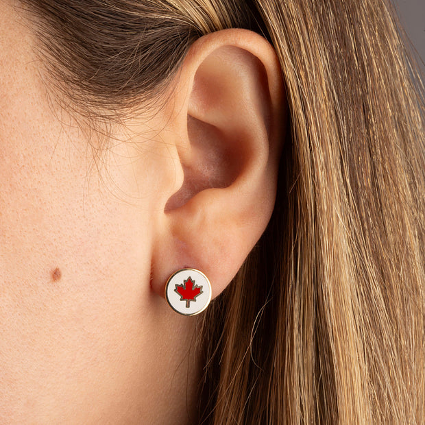 Yellow Gold Enamel Canadian Maple Leaf Stud Earrings