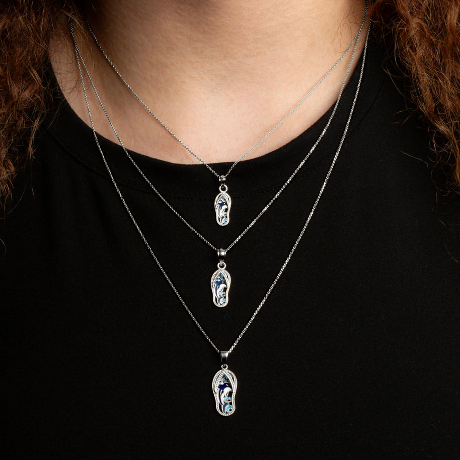 .925 Sterling Silver Blue Enamel Marine Dolphin Sandals Beach Flip-Flops Milgrain Pendant Necklace (Available in Small/Medium/Large)