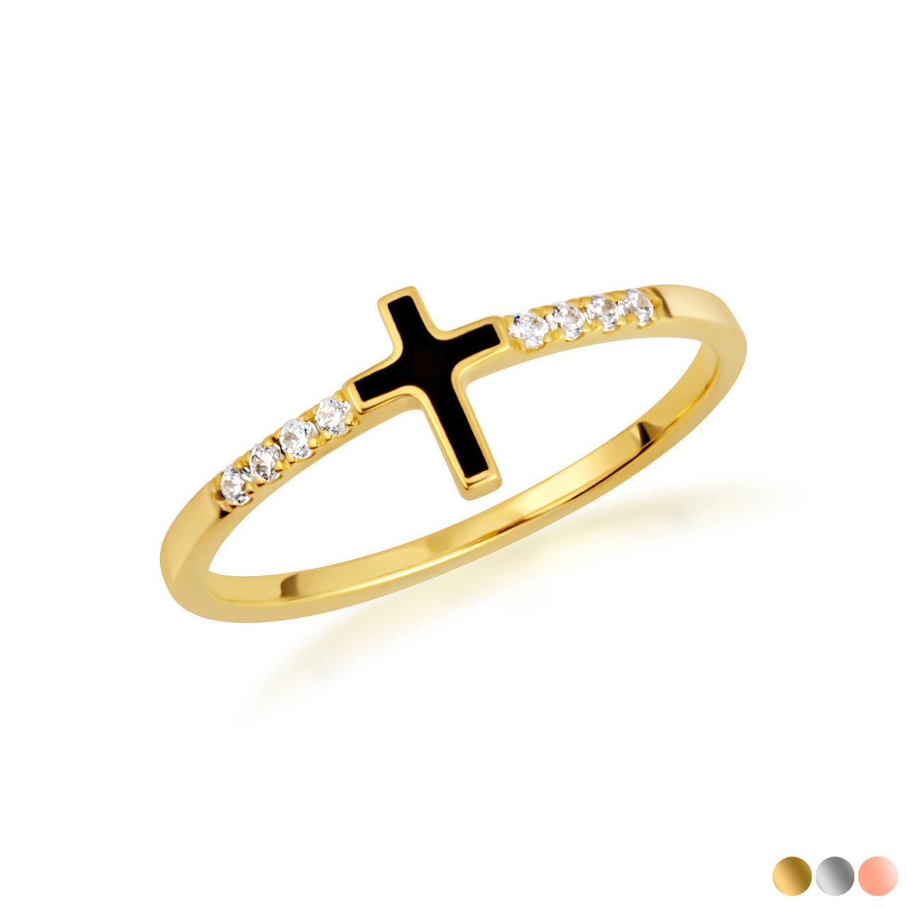 Gold Black Enamel Cross Lab Grown Diamond Ring (Available in Yellow/Rose/White Gold)