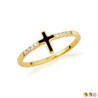 Gold Black Enamel Cross Lab Grown Diamond Ring (Available in Yellow/Rose/White Gold)