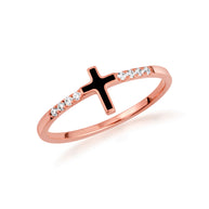Gold Black Enamel Cross Lab Grown Diamond Ring (Available in Yellow/Rose/White Gold)