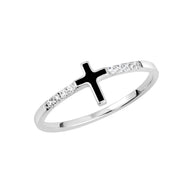 .925 Sterling Silver Black Enamel Cross Cubic Zirconia Ring