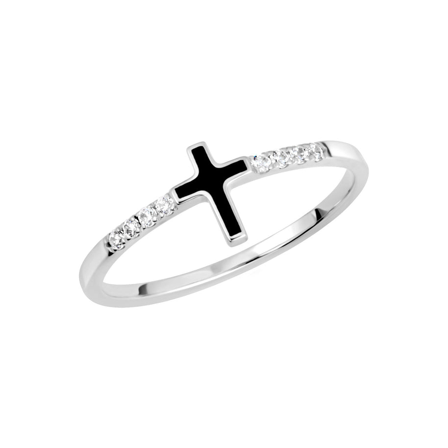 Gold Black Enamel Cross Lab Grown Diamond Ring (Available in Yellow/Rose/White Gold)