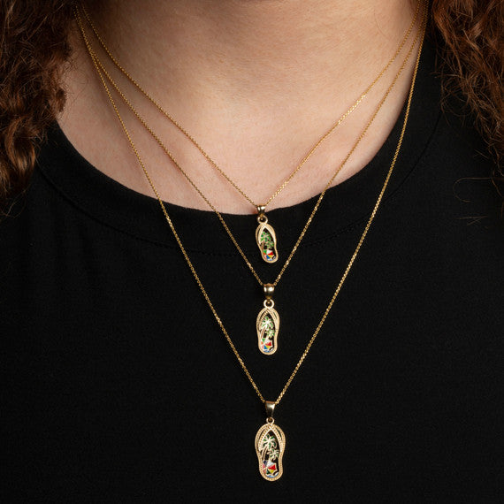 Gold Enamel Palm Tree Sandals Beach Flip-Flops Milgrain Pendant Necklace (Available in Small/Medium/Large & Yellow/Rose/White Gold)