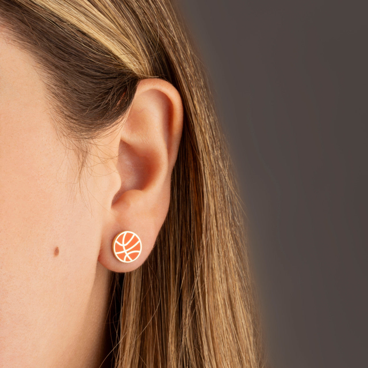 Yellow Gold Orange Enamel Basketball Sports Stud Earrings