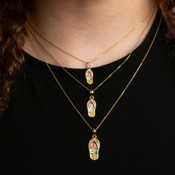 Gold Enamel Flower Sandals Beach Flip-Flops Milgrain Pendant Necklace (Available in Yellow/Rose/White Gold)