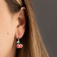 .925 Sterling Silver Red Enamel Cherry Fruit Hook Earrings