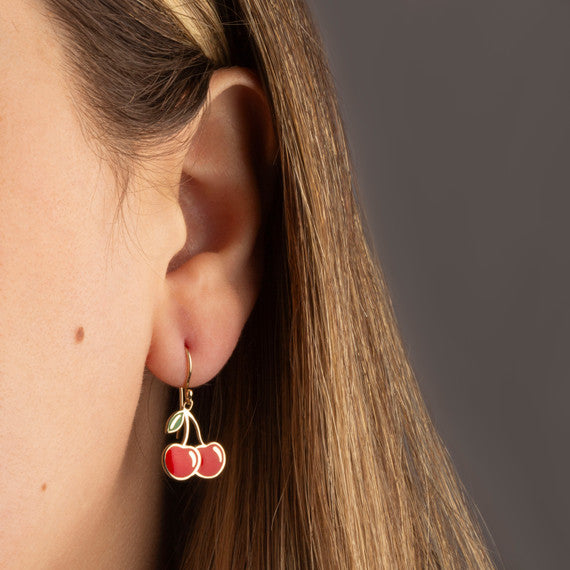 Gold Red Enamel Cherry Fruit Hook Earrings (Available in Yellow/Rose/White Gold)