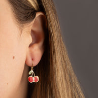 Gold Red Enamel Cherry Fruit Hook Earrings (Available in Yellow/Rose/White Gold)