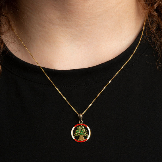 Gold Enamel Cedar Tree of Lebanon Circle Pendant Necklace (Available in Yellow/Rose/White (Gold)