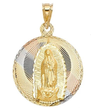 14K Gold Tri Color Virigin Mary Round Charm