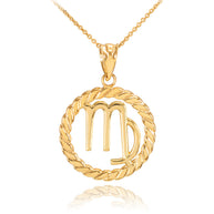 12 Gold Astrological Zodiac Sign in Circle Rope Pendant Necklace (Available in Yellow/Rose/White Gold)
