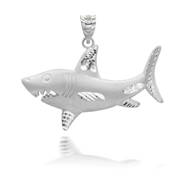 .925 Sterling Silver Satin Finish Shark Diamond Cut Pendant Necklace