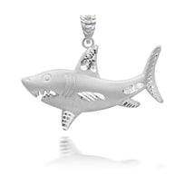 .925 Sterling Silver Satin Finish Shark Diamond Cut Pendant Necklace