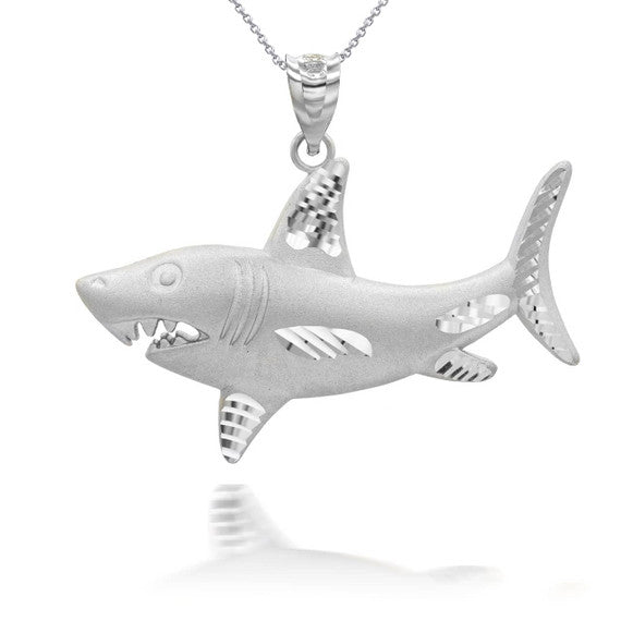 .925 Sterling Silver Satin Finish Shark Diamond Cut Pendant Necklace