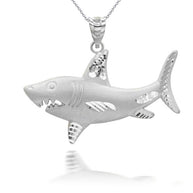 .925 Sterling Silver Satin Finish Shark Diamond Cut Pendant Necklace