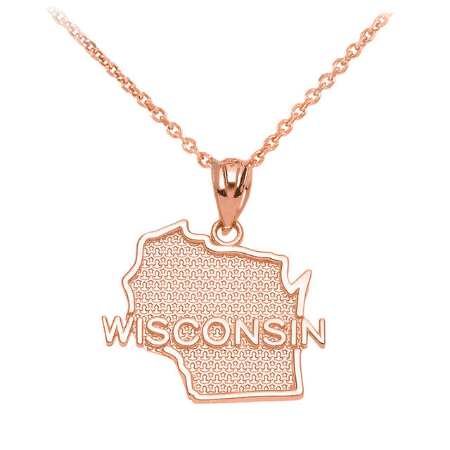 Wisconsin State Map Gold Pendant Necklace (Available in Yellow/Rose/White Gold)