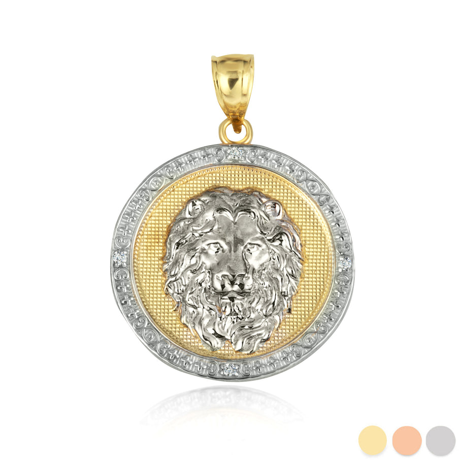 Two-Tone Gold Diamond Lion Beaded Coin Pendant Necklace (Available in Yellow/Rose/White Gold)