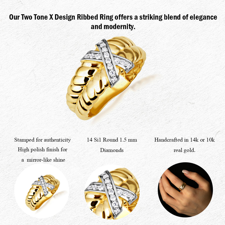 Two-Tone Gold Ribbed X Design Ring (Available in Yellow/Rose/White Gold)