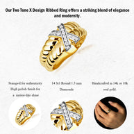 Two-Tone Gold Ribbed X Design Ring (Available in Yellow/Rose/White Gold)