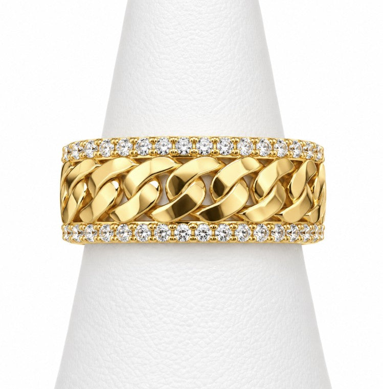 10K Yellow Gold Women's Curb Link CZ Pave Edge Band