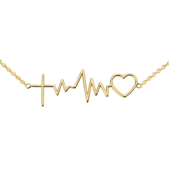 Gold 14K Heartbeat with Cross Necklace(Available In Yellow/Rose/White Gold)