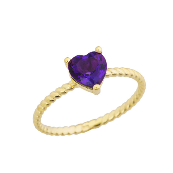 Dainty Genuine Amethyst Heart Rope Ring In Yellow Gold