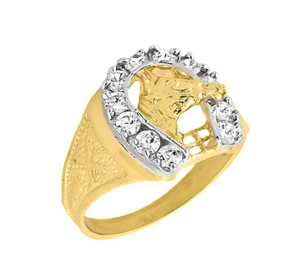 Yellow Gold Men's White Topaz Horseshoe Ring