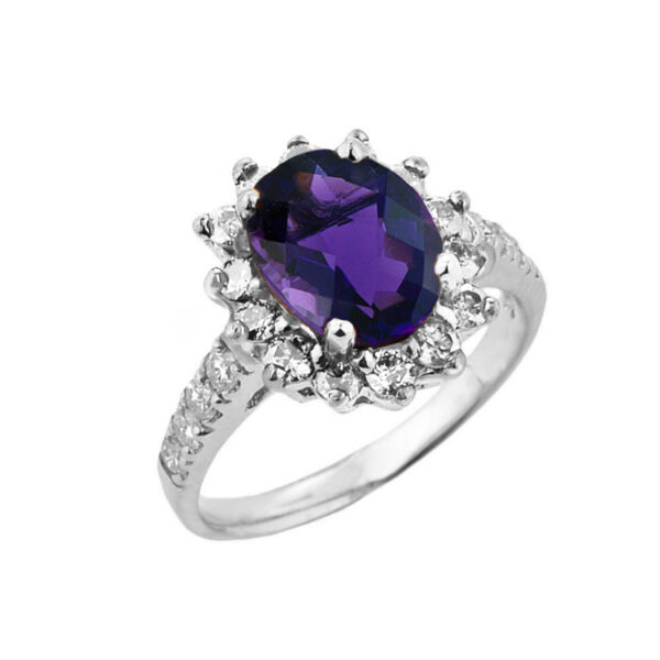 White Gold Diamond And Amethyst Birthstone Proposal Ring