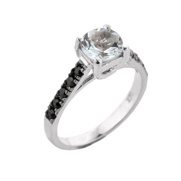 White Gold Aquamarine And Black Diamond Solitaire Engagement Ring