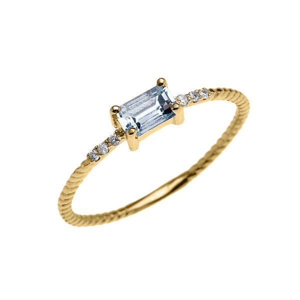 Dainty Yellow Gold Solitaire Emerald Cut Aquamarine And Diamond Rope Design Engagement/Promise Ring