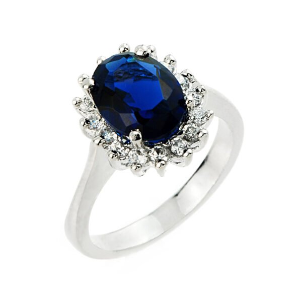 Princess Diana Ring With (Lcs) Sapphire And Cz In Sterling Silver