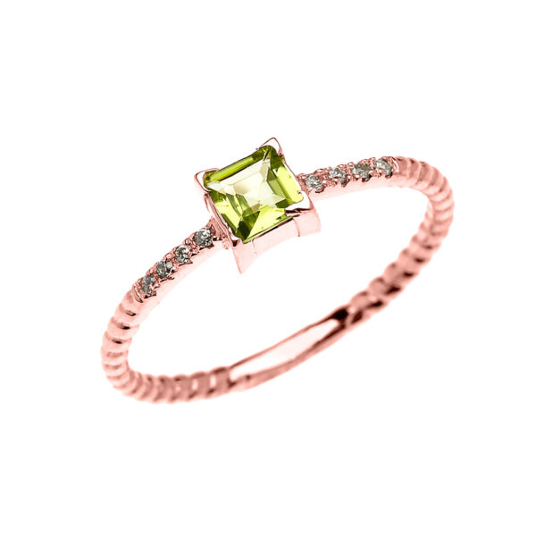 Dainty Rose Gold Solitaire Princess Cut Peridot And Diamond Rope Design Engagement/Promise Ring