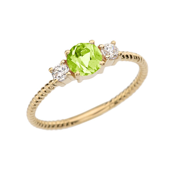 Dainty Yellow Gold Peridot And White Topaz Rope Design Engagement/Promise Ring