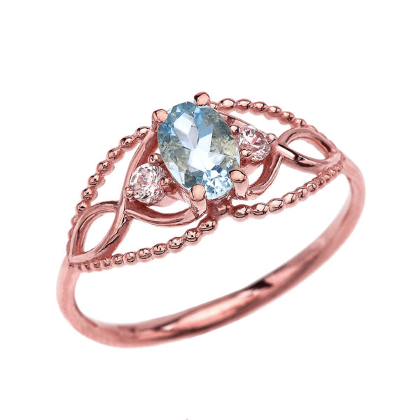 Elegant Beaded Solitaire Ring With Aquamarine Centerstone And White Topaz In Rose Gold