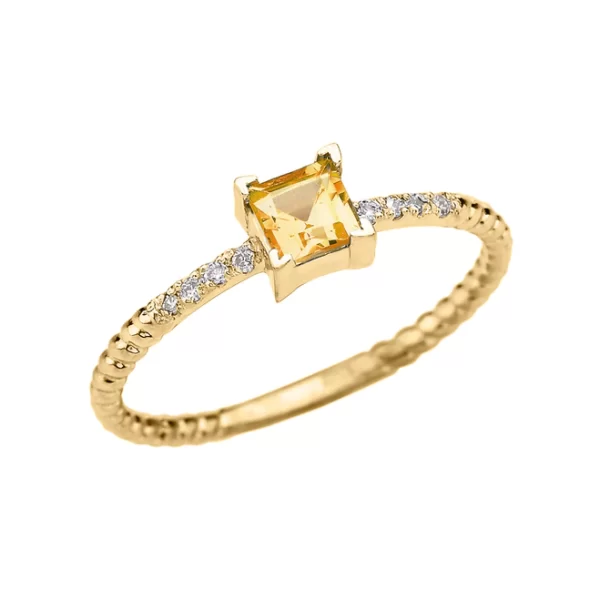 Dainty Yellow Gold Solitaire Princess Cut Citrine And Diamond Rope Design Engagement/Promise Ring