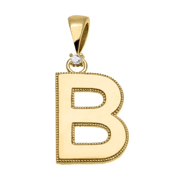 Yellow Gold High Polish Milgrain Solitaire Diamond "B" Initial Pendant Necklace