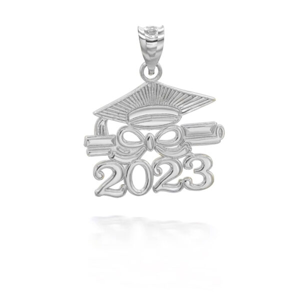 White Gold 2023 Graduation Diploma With Cap Pendant Necklace