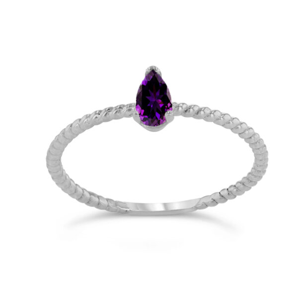 Dainty Genuine Amethyst Pear Shape Rope Ring In White Gold