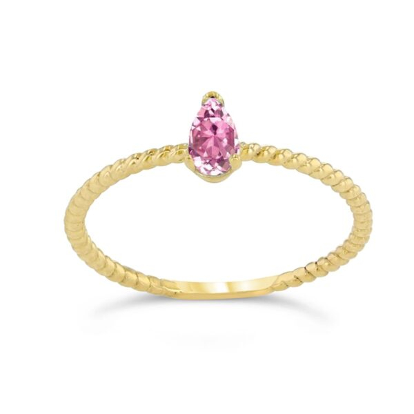 Dainty Pink Cz Pear Shape Rope Ring In Yellow Gold