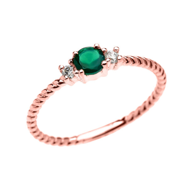 Rose Gold Dainty Solitaire Green Agate And White Topaz Rope Design Promise/Stackable Ring