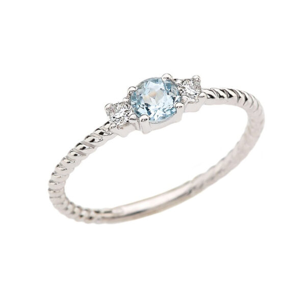 White Gold Dainty Solitaire Aquamarine And White Topaz Rope Design Promise/Stackable Ring