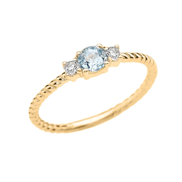 Yellow Gold Dainty Solitaire Aquamarine And White Topaz Rope Design Promise/Stackable Ring