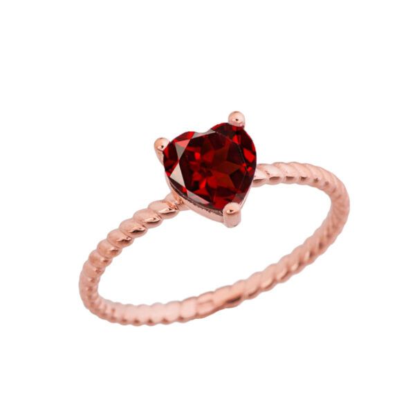 Dainty Genuine Garnet Heart Rope Ring In Rose Gold