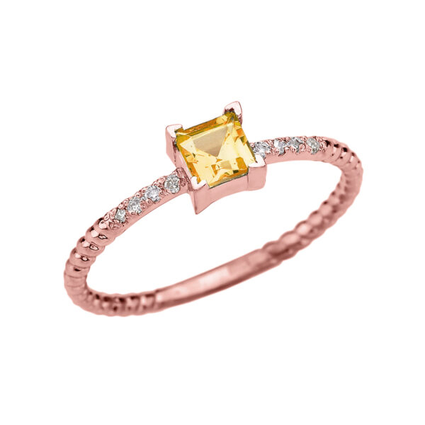 Dainty Rose Gold Solitaire Princess Cut Citrine And Diamond Rope Design Engagement/Promise Ring