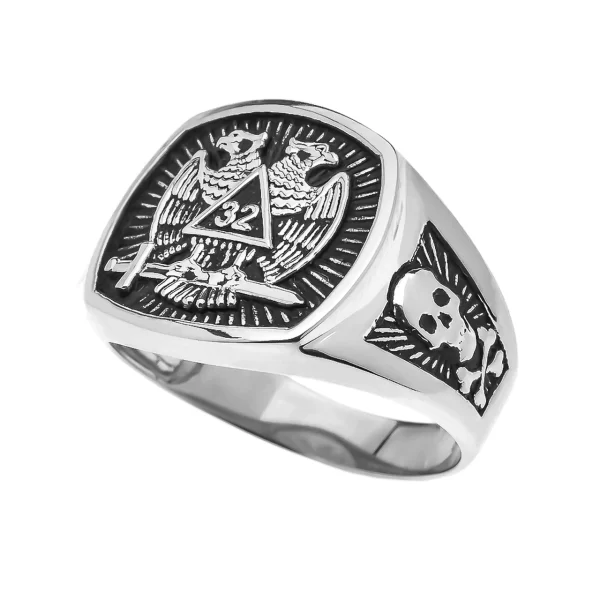 White Gold Scottish Rite 32nd Degree Skull And Crossbones Masonic Ring